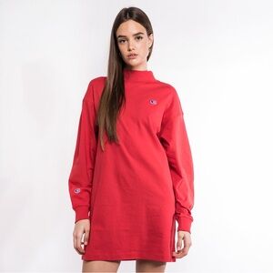 NWT~ KITH X Champion Mock Neck Red Long Sleeve Mini Dress Shirt SMALL | Cotton